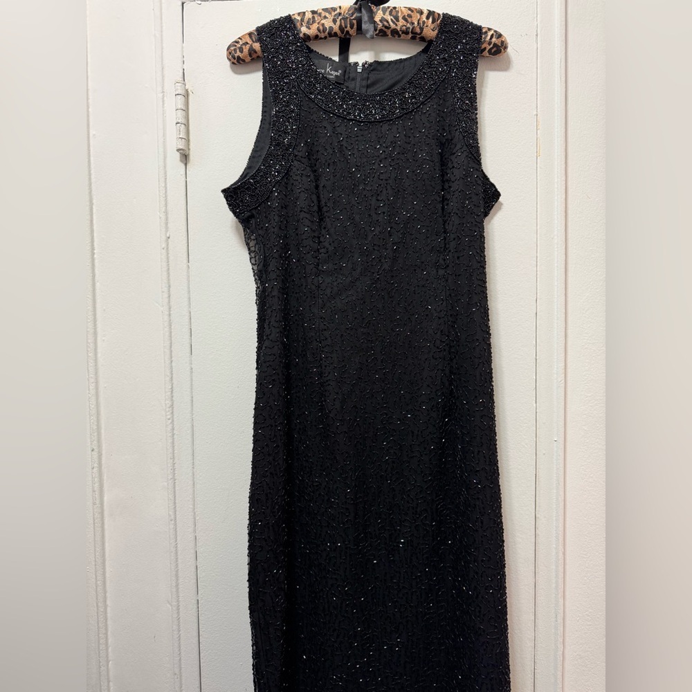Vintage Laurence Kazar Vermicelli Beaded SILK Column Black Dress Gown Medium